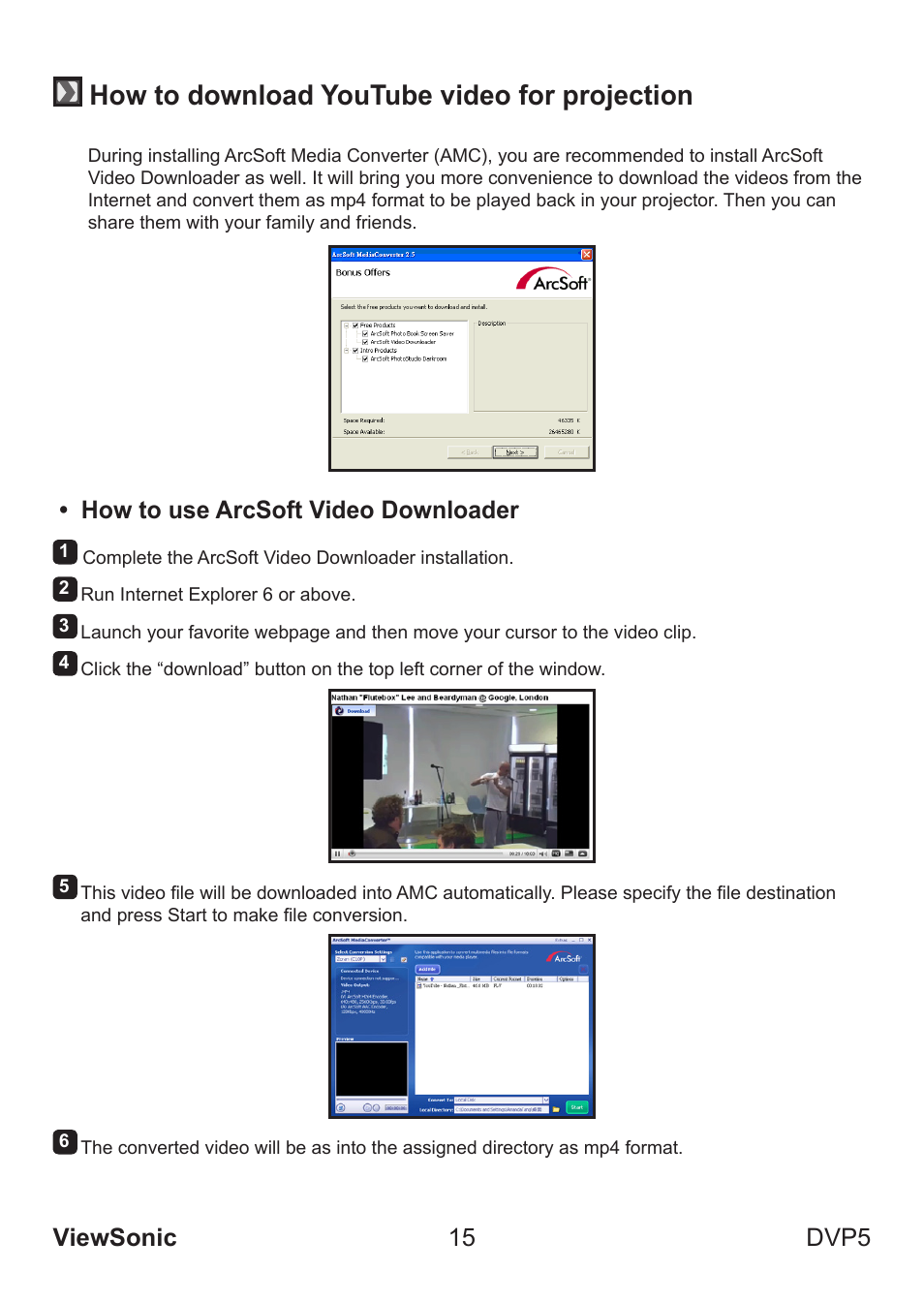 How to download youtube video for projection, Viewsonic 15 dvp5, How to use arcsoft video downloader | VIEWSONIC VS13783 User Manual | Page 21 / 37