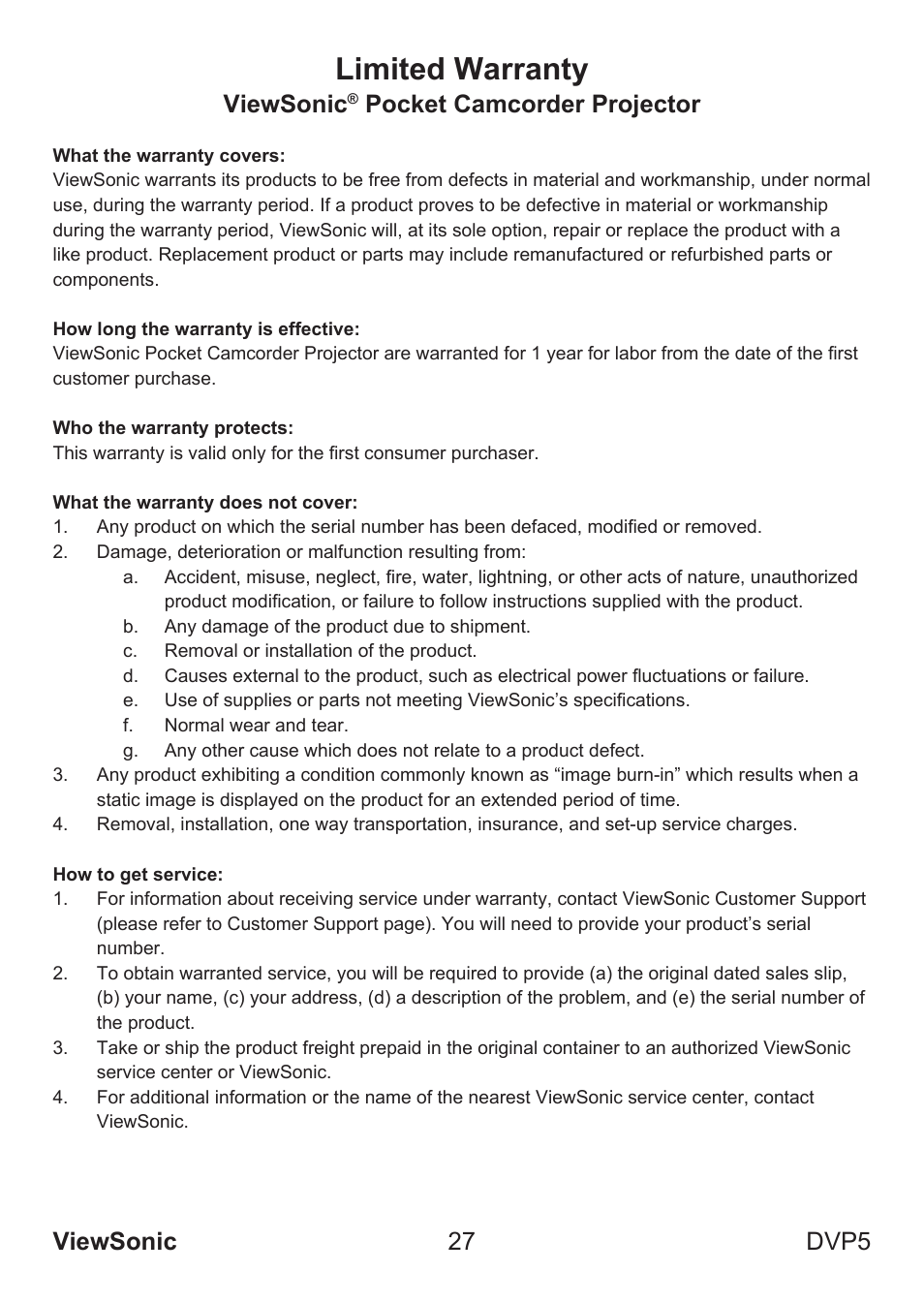Limited warranty, Viewsonic 27 dvp5, Viewsonic | Pocket camcorder projector | VIEWSONIC VS13783 User Manual | Page 33 / 37