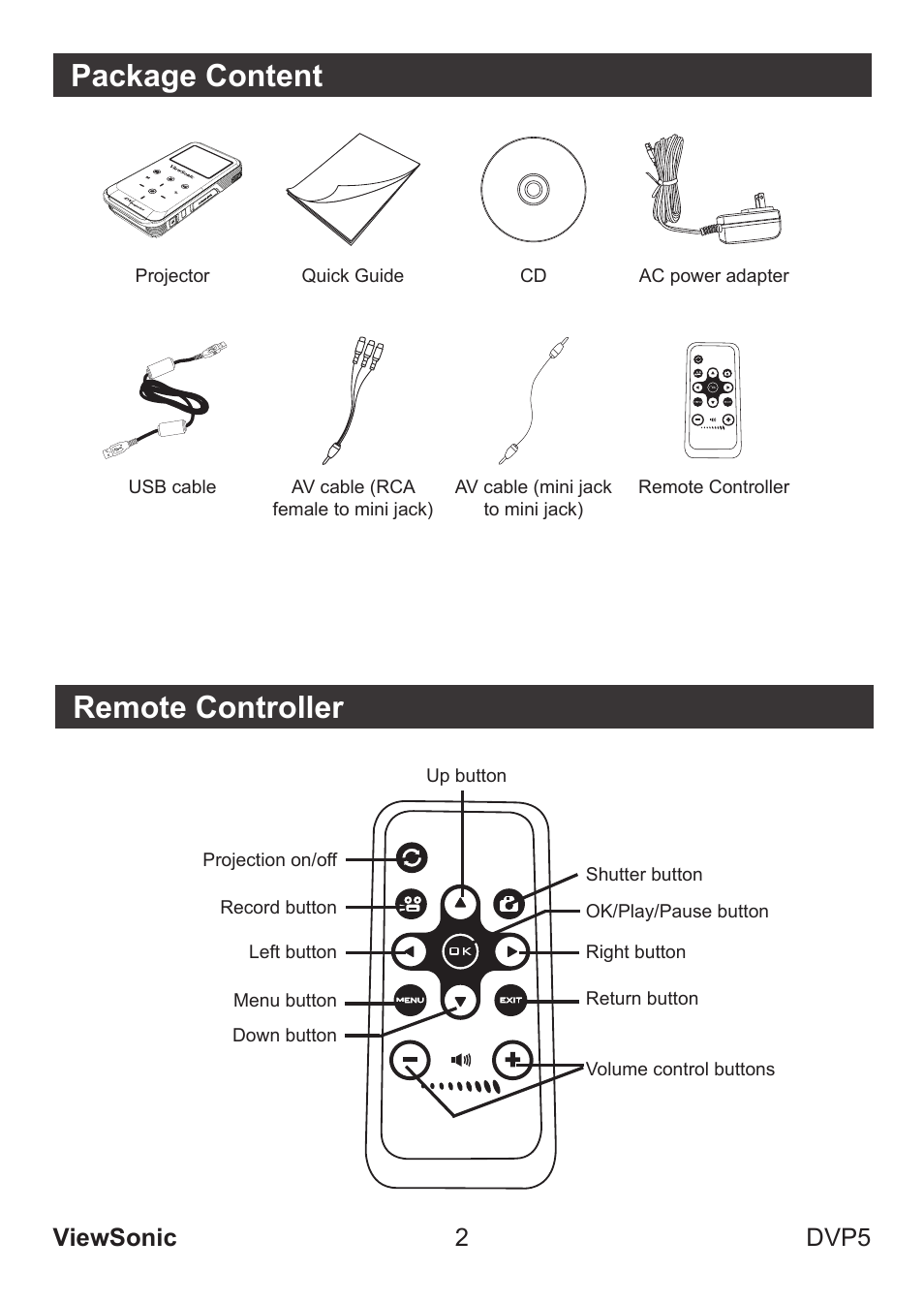 Package content remote controller, Viewsonic 2 dvp5 | VIEWSONIC VS13783 User Manual | Page 8 / 37