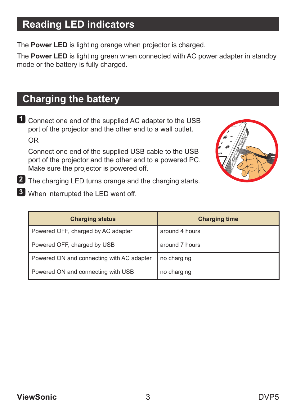 Reading led indicators, Charging the battery | VIEWSONIC VS13783 User Manual | Page 9 / 37