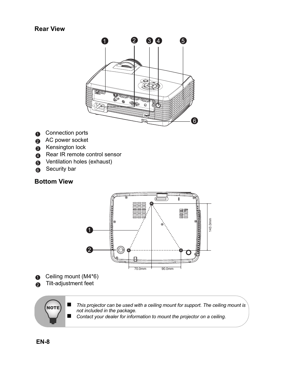 Rear view, Bottom view, En-8 | VIEWSONIC PJD6241 User Manual | Page 11 / 59