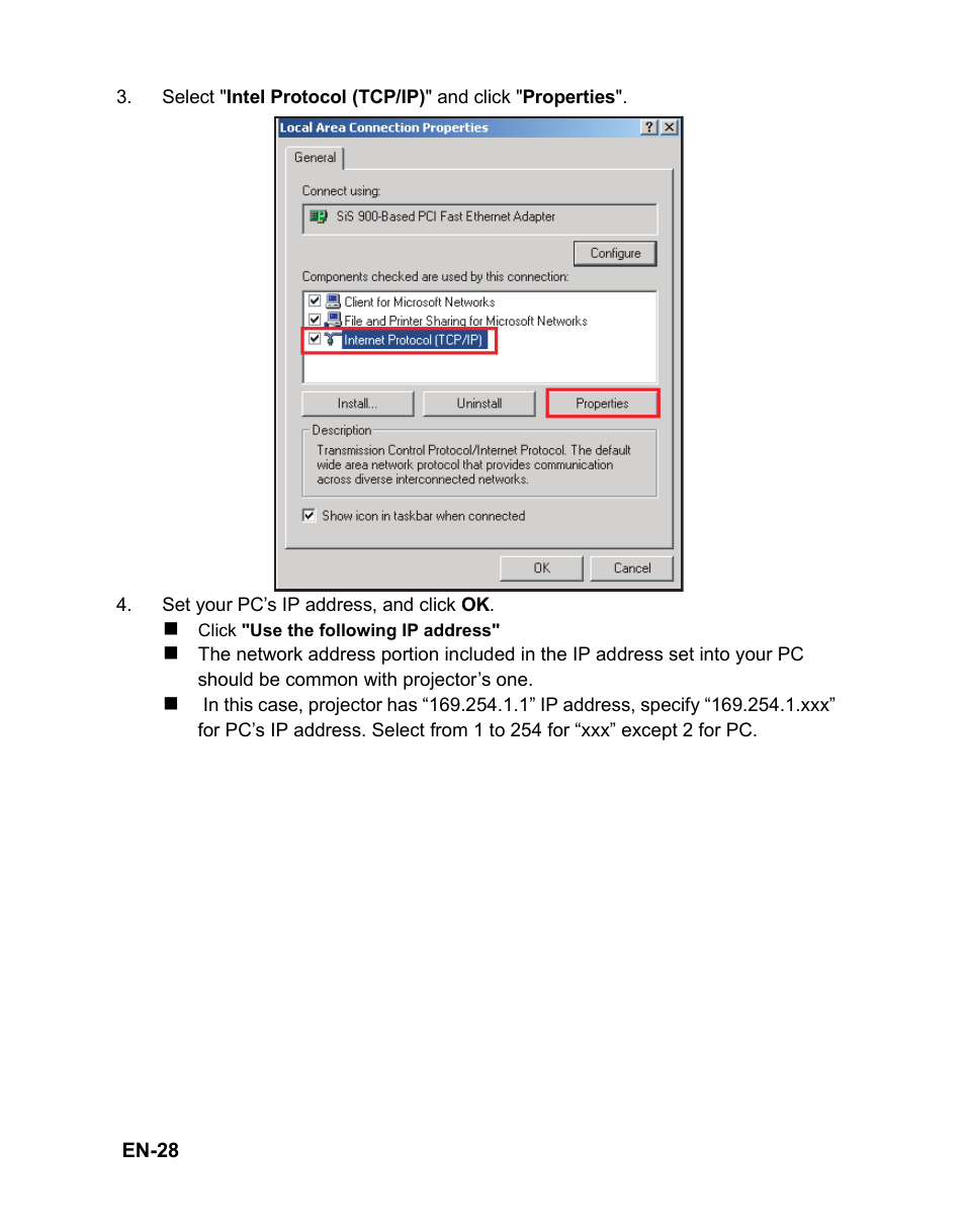 Set your pc’s ip address, and click ok | VIEWSONIC PJD6241 User Manual | Page 31 / 59
