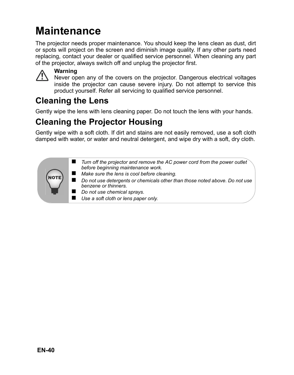 Maintenance, Cleaning the lens, Cleaning the projector housing | Cleaning the filter cover, Remove the filter cover as the illustration shown, Clean the filter cover, Replace the filter cover, Attach the filter cover, Plug the power back into the projector, Menu operation network control maintenance | VIEWSONIC PJD6241 User Manual | Page 43 / 59