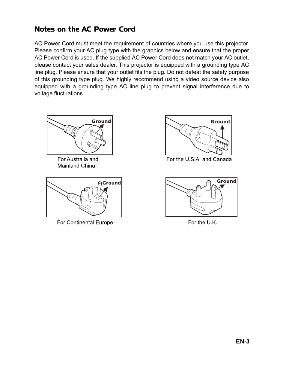 Notes on the ac power cord | VIEWSONIC PJD6241 User Manual | Page 6 / 59