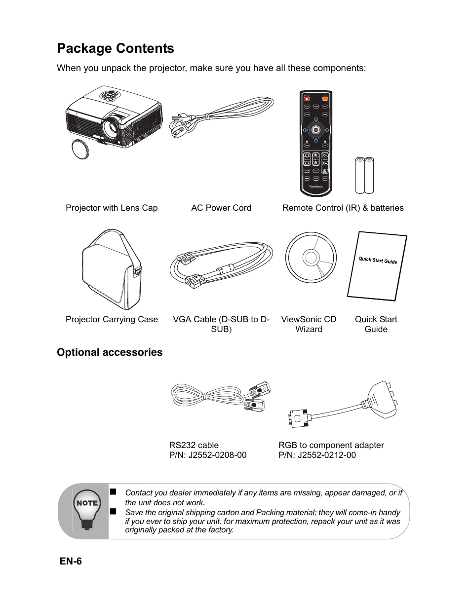 Package contents, Projector with lens cap, Ac power cord | VIEWSONIC PJD6241 User Manual | Page 9 / 59