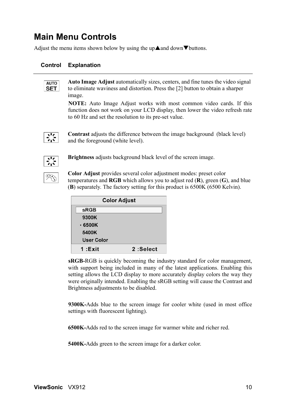 Main menu controls | VIEWSONIC VX912 User Manual | Page 12 / 21