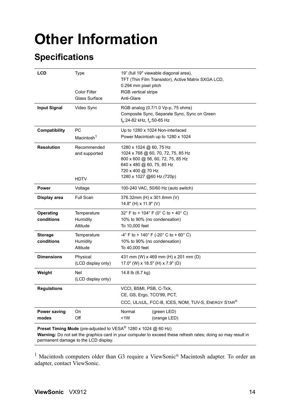 Other information, Specifications | VIEWSONIC VX912 User Manual | Page 16 / 21