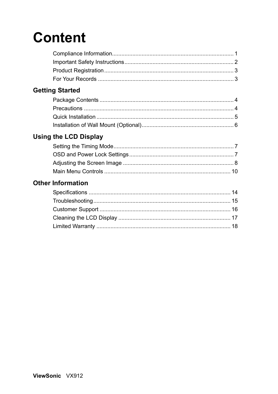 Content | VIEWSONIC VX912 User Manual | Page 2 / 21
