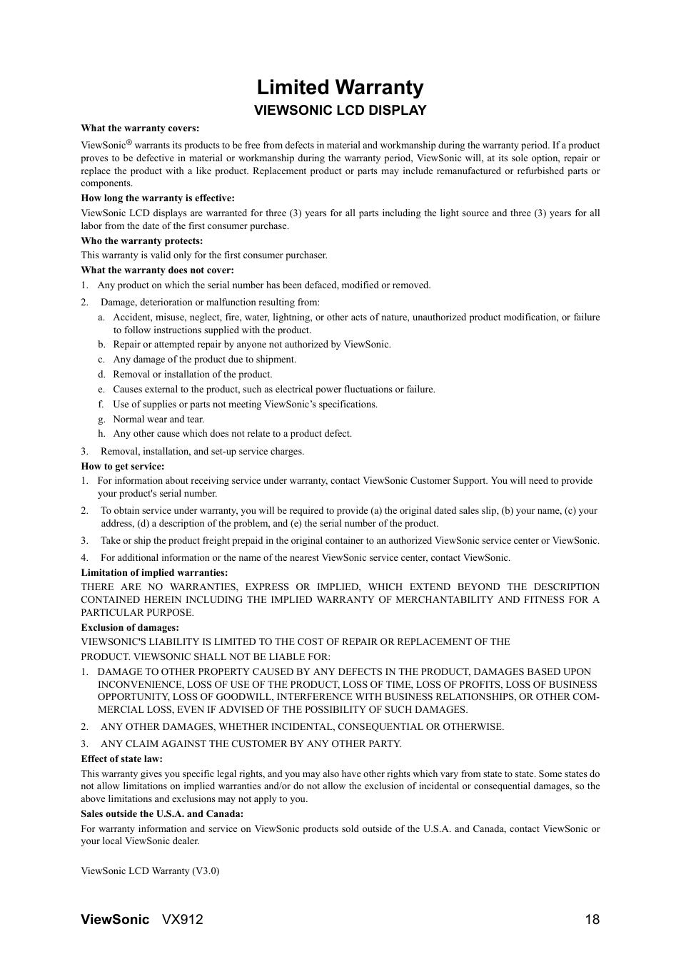 Limited warranty, Viewsonic lcd display | VIEWSONIC VX912 User Manual | Page 20 / 21