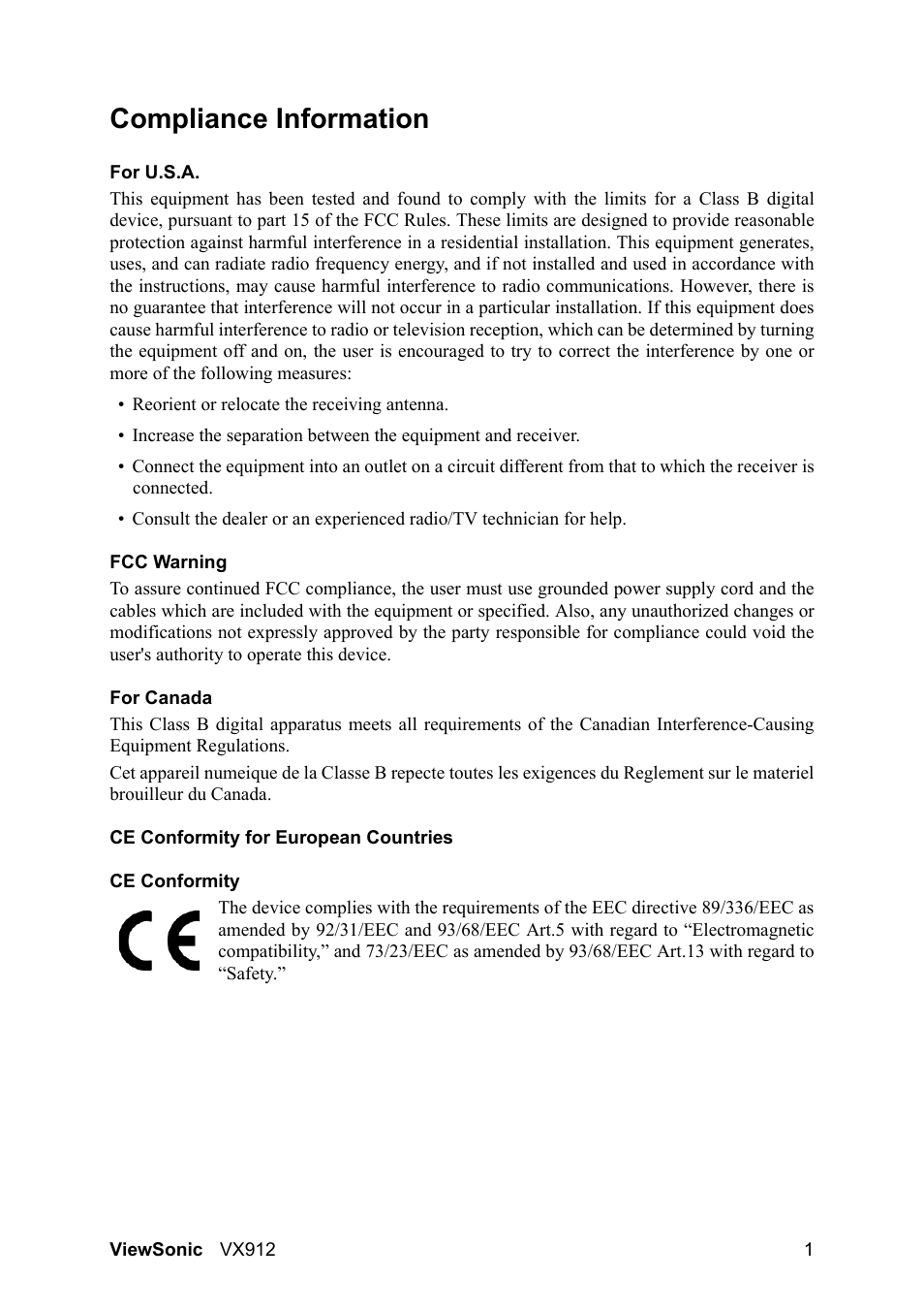 Compliance information | VIEWSONIC VX912 User Manual | Page 3 / 21