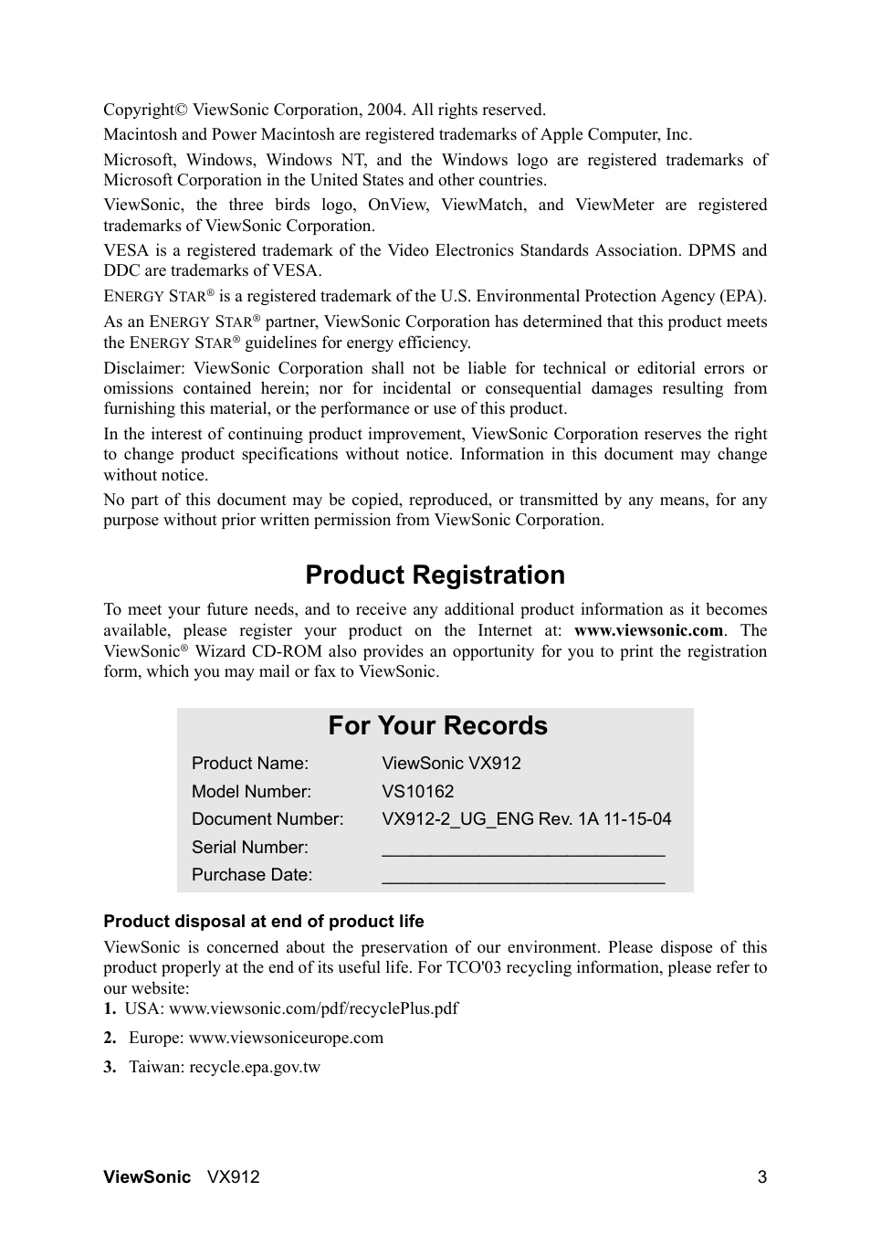 Product registration, For your records | VIEWSONIC VX912 User Manual | Page 5 / 21