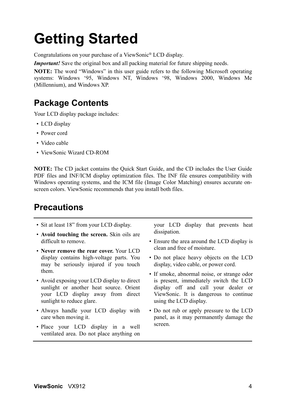 Getting started, Package contents, Precautions | VIEWSONIC VX912 User Manual | Page 6 / 21