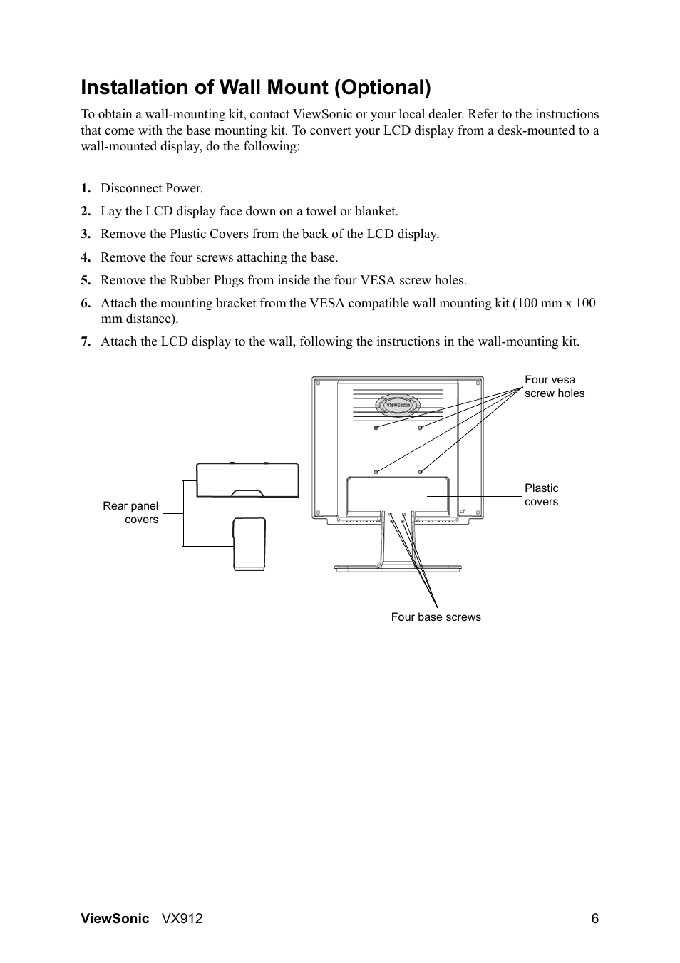 Installation of wall mount (optional) | VIEWSONIC VX912 User Manual | Page 8 / 21