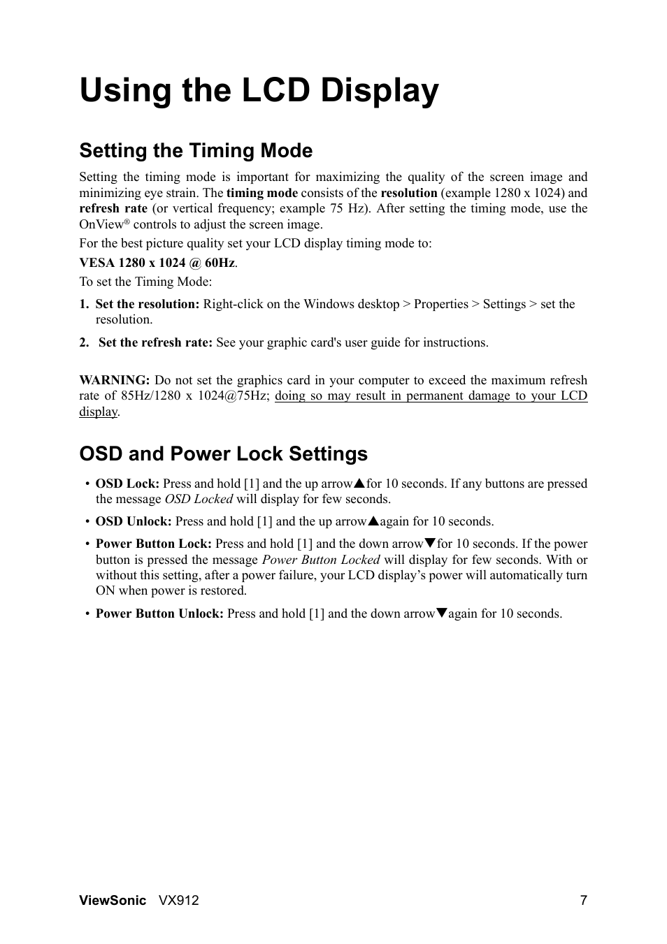 Using the lcd display, Setting the timing mode, Osd and power lock settings | VIEWSONIC VX912 User Manual | Page 9 / 21