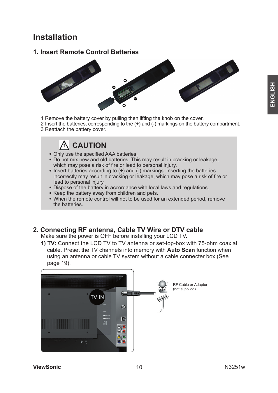 Installation, Caution, Connecting rf antenna, cable tv wire or dtv cable | Insert remote control batteries | VIEWSONIC N3251w User Manual | Page 12 / 35