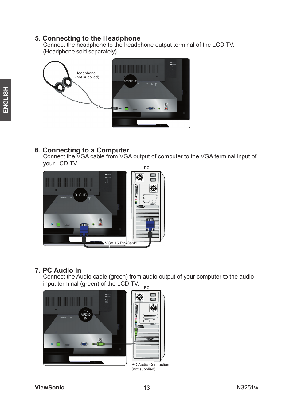 Connecting to the headphone, Connecting to a computer, Pc audio in | VIEWSONIC N3251w User Manual | Page 15 / 35