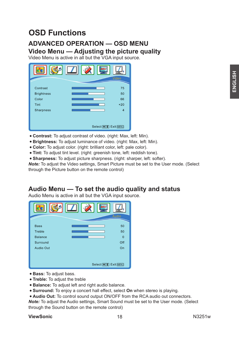Osd functions, Video menu — adjusting the picture quality, Audio menu — to set the audio quality and status | Advanced operation — osd menu | VIEWSONIC N3251w User Manual | Page 20 / 35
