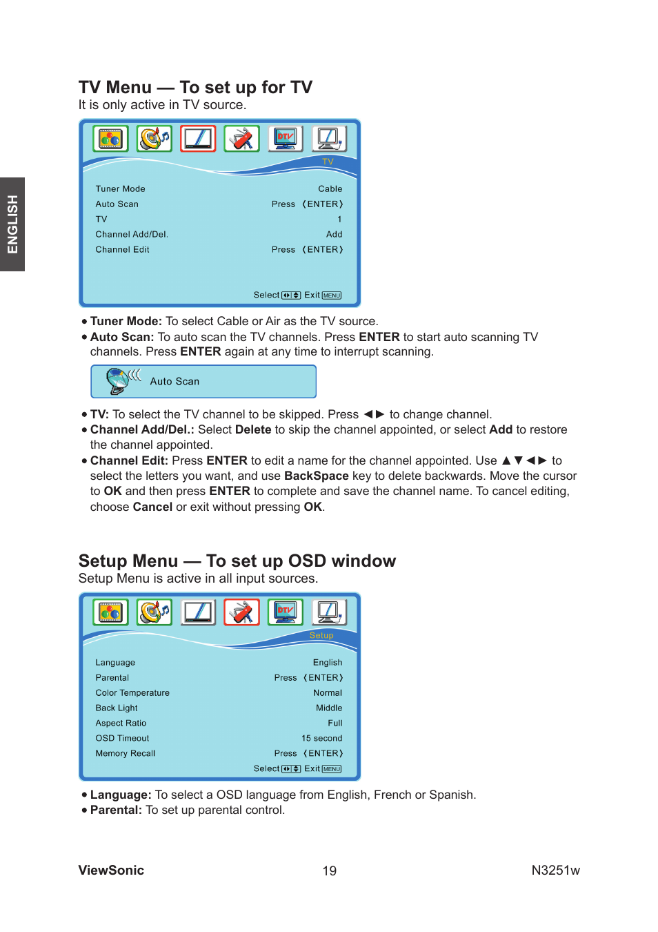 Tv menu — to set up for tv, Setup menu — to set up osd window | VIEWSONIC N3251w User Manual | Page 21 / 35