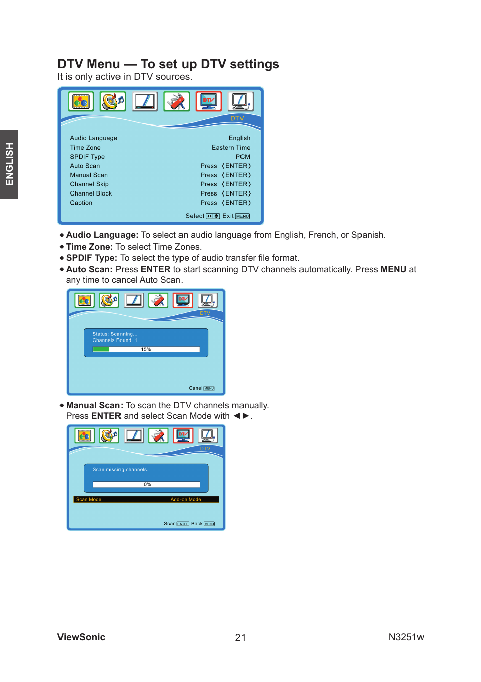 Dtv menu — to set up dtv settings | VIEWSONIC N3251w User Manual | Page 23 / 35