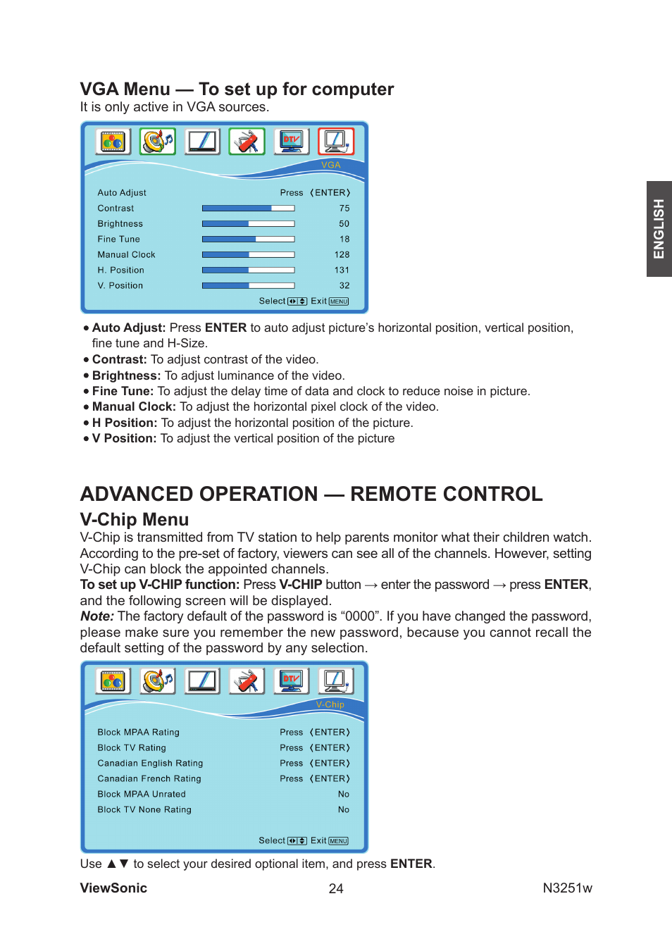 Advanced operation — remote control, Vga menu — to set up for computer, V-chip menu | VIEWSONIC N3251w User Manual | Page 26 / 35