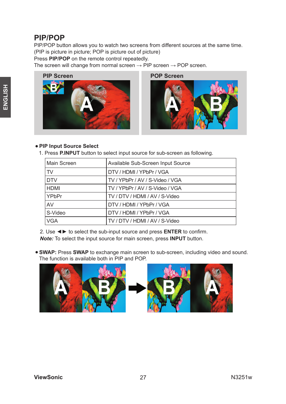 Pip/pop | VIEWSONIC N3251w User Manual | Page 29 / 35