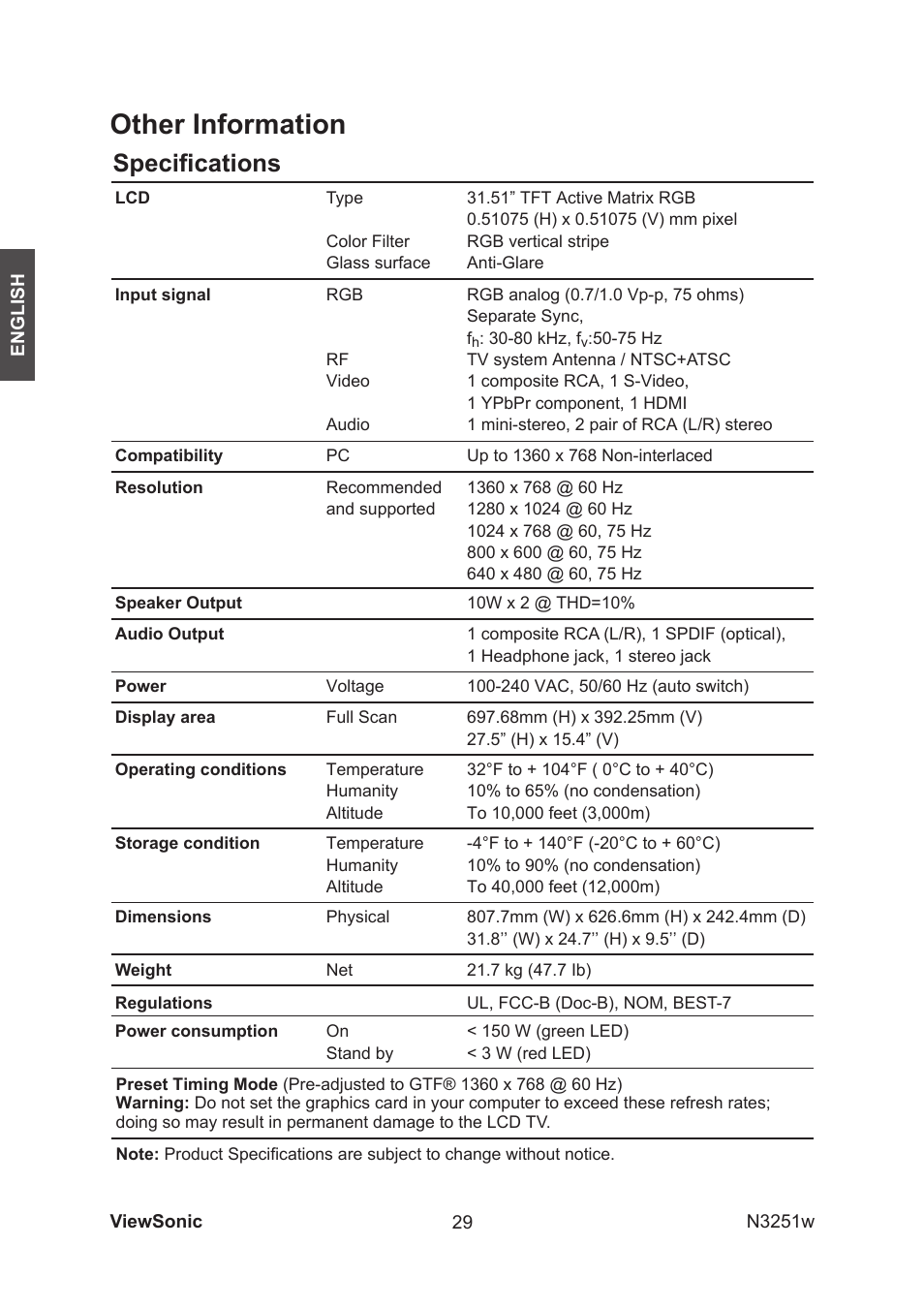 Other information, Speciﬁcations | VIEWSONIC N3251w User Manual | Page 31 / 35