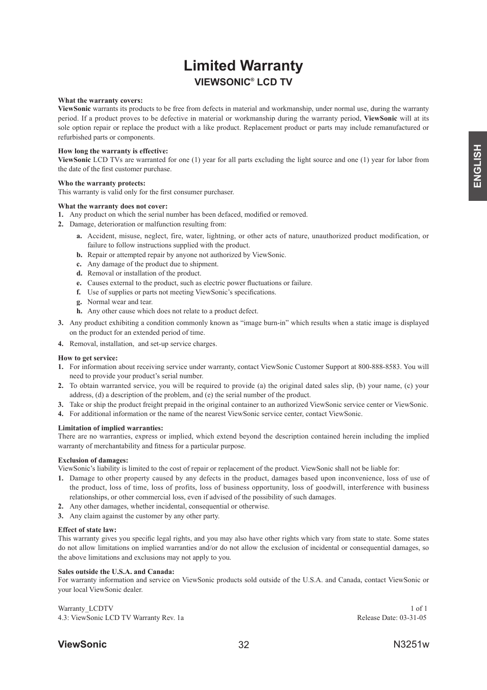 Limited warranty, Viewsonic, Lcd tv | VIEWSONIC N3251w User Manual | Page 34 / 35