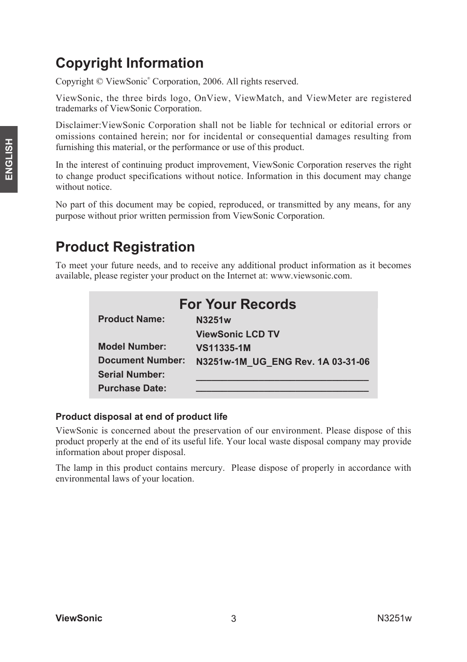 Copyright information, Product registration, For your records | VIEWSONIC N3251w User Manual | Page 5 / 35