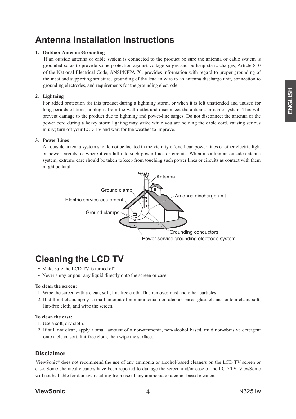 Antenna installation instructions, Cleaning the lcd tv | VIEWSONIC N3251w User Manual | Page 6 / 35