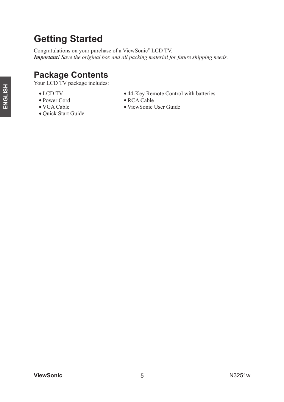 Getting started, Package contents | VIEWSONIC N3251w User Manual | Page 7 / 35