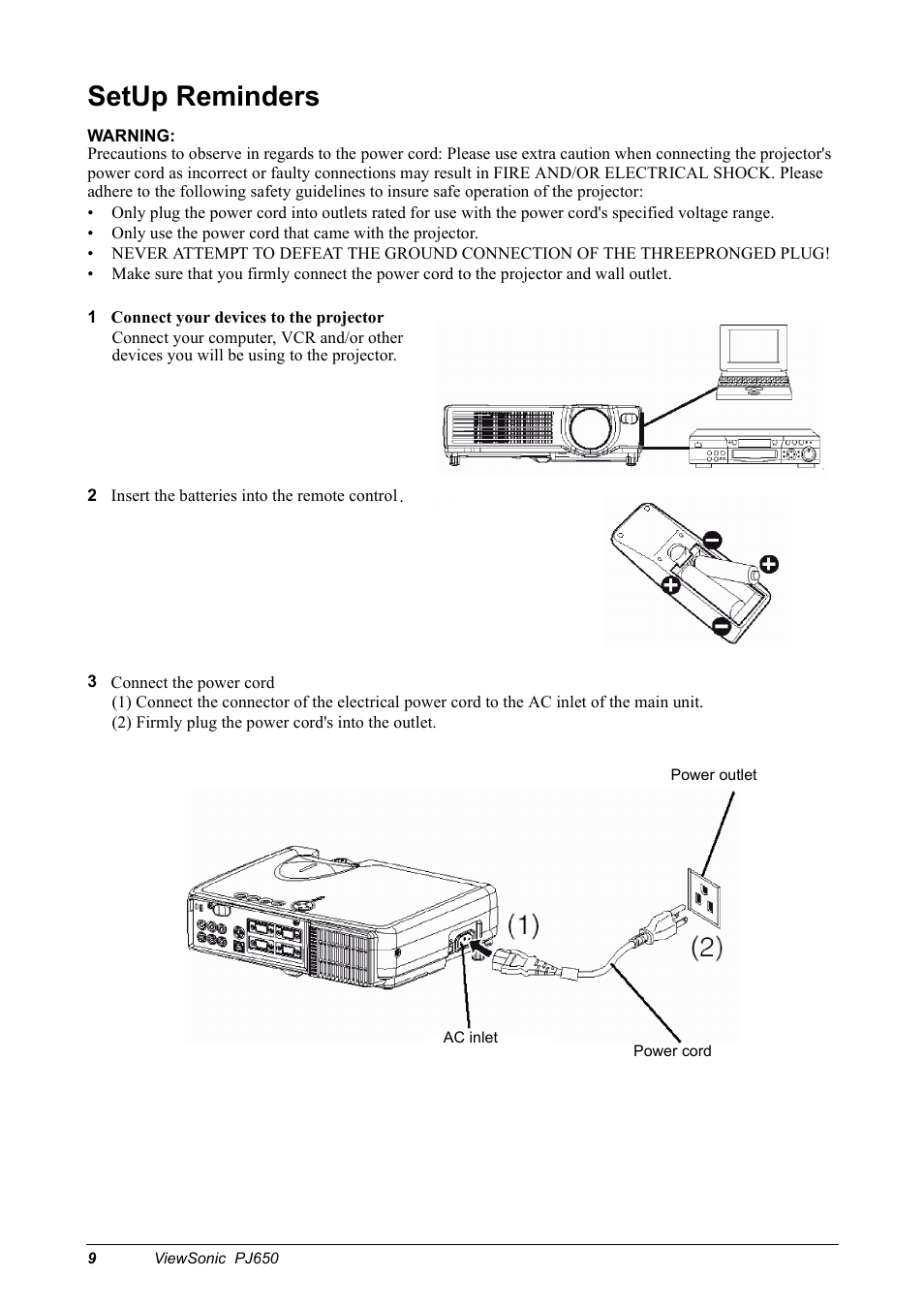 Setup reminders | VIEWSONIC PJ650 User Manual | Page 12 / 46
