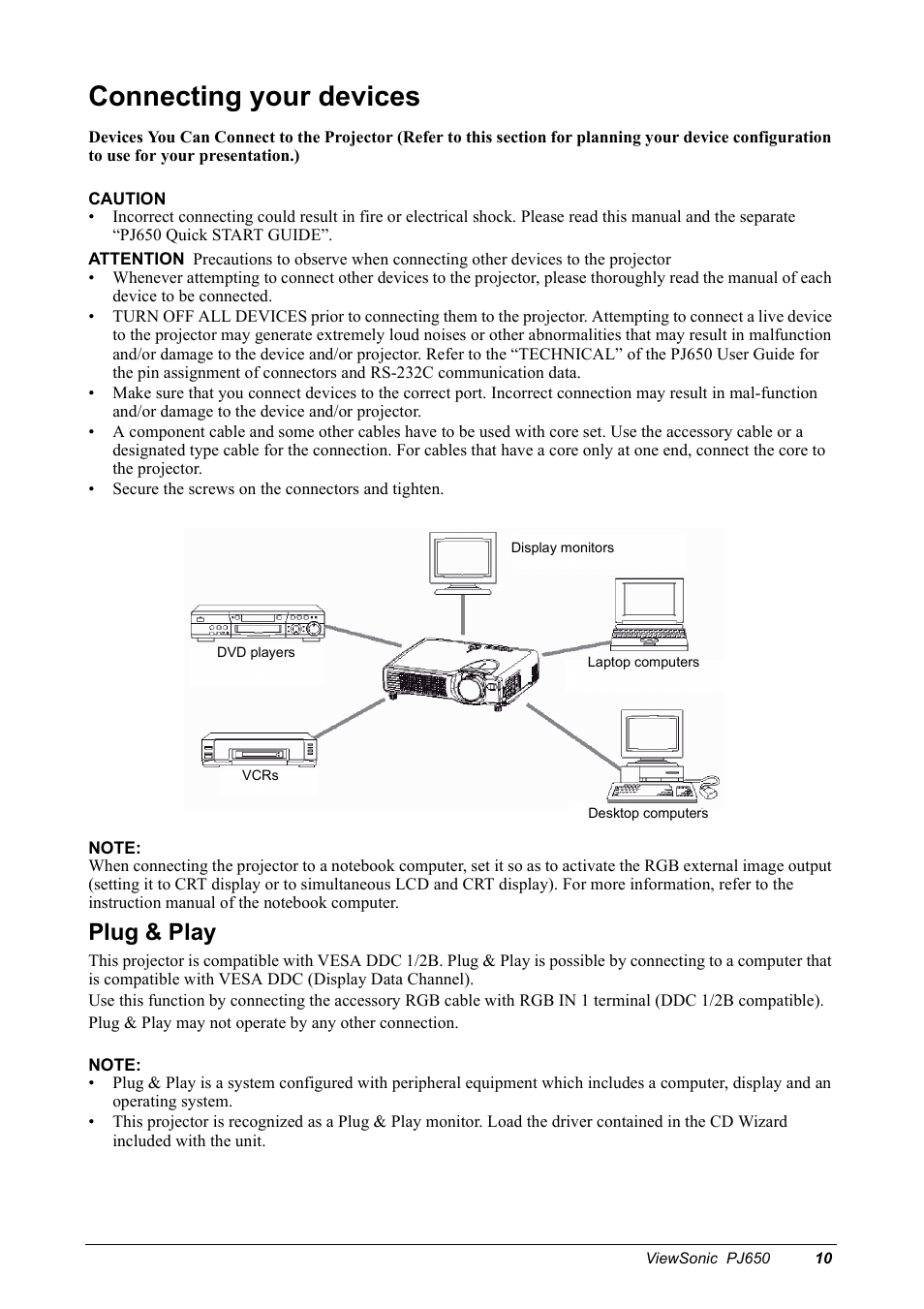 Connecting your devices, Plug & play | VIEWSONIC PJ650 User Manual | Page 13 / 46