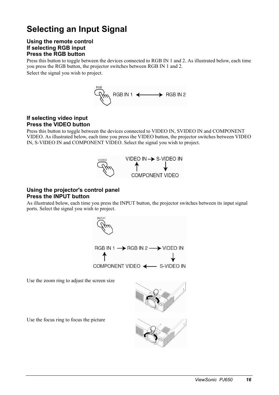 Selecting an input signal | VIEWSONIC PJ650 User Manual | Page 19 / 46