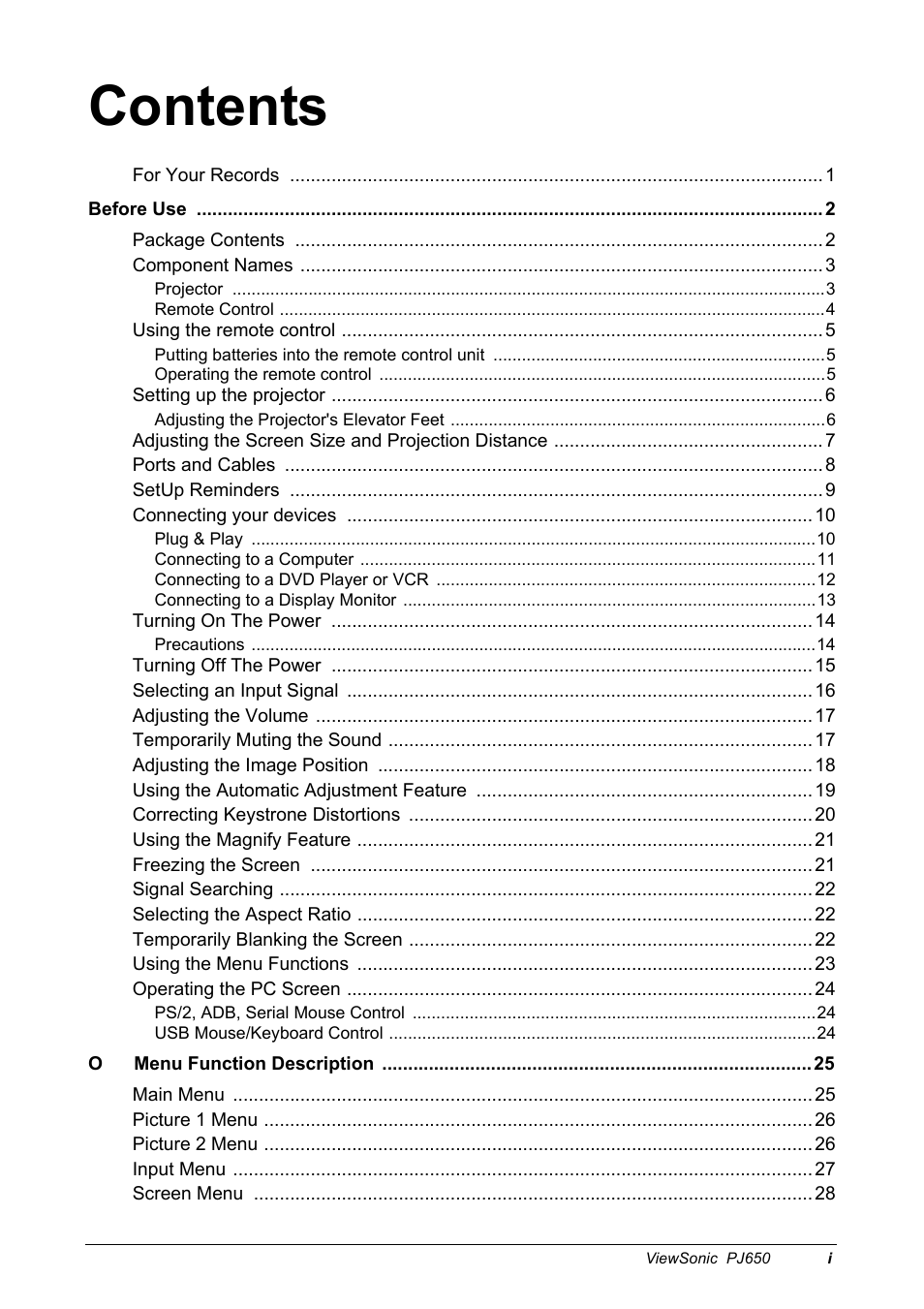 VIEWSONIC PJ650 User Manual | Page 2 / 46