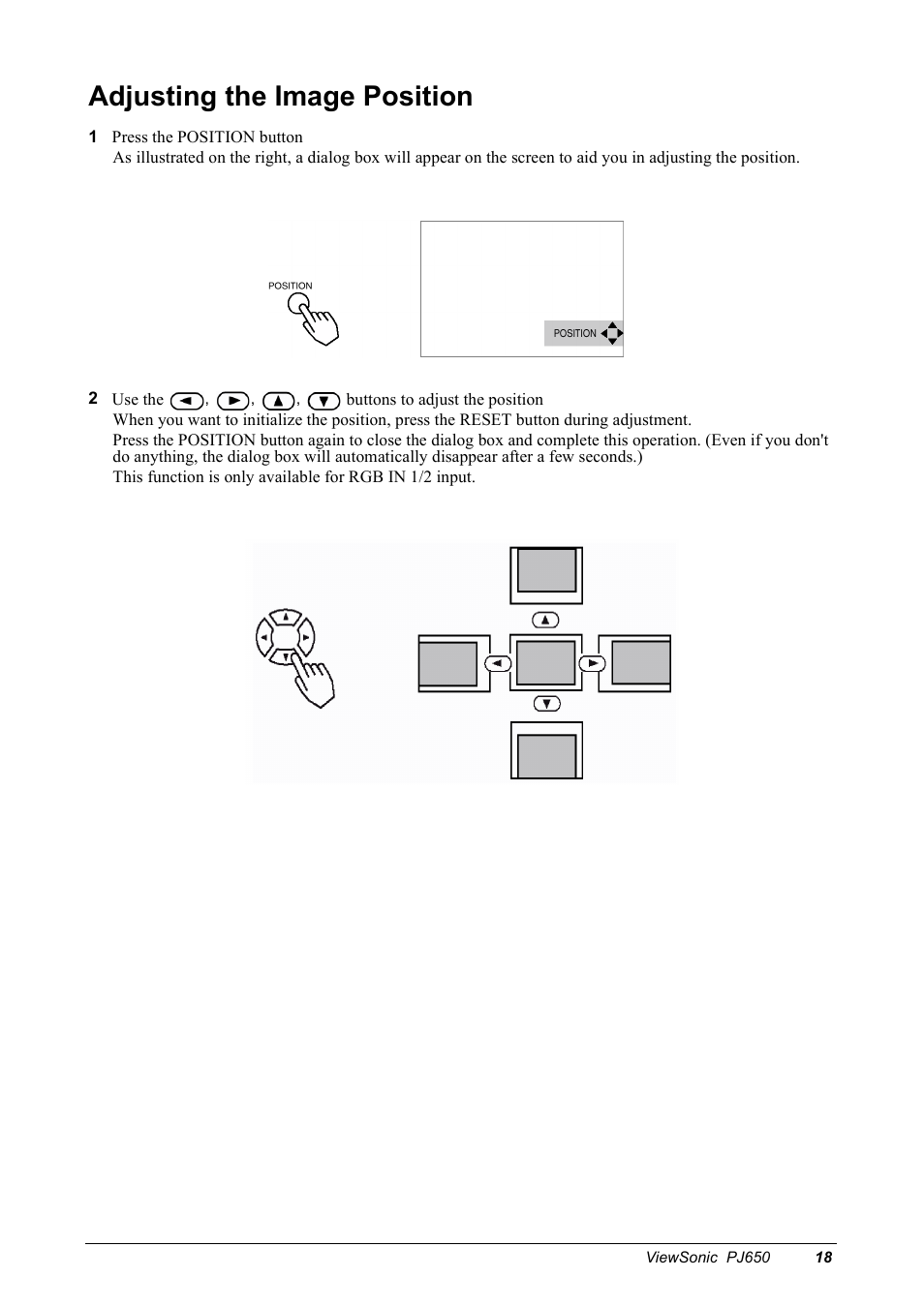 Adjusting the image position | VIEWSONIC PJ650 User Manual | Page 21 / 46