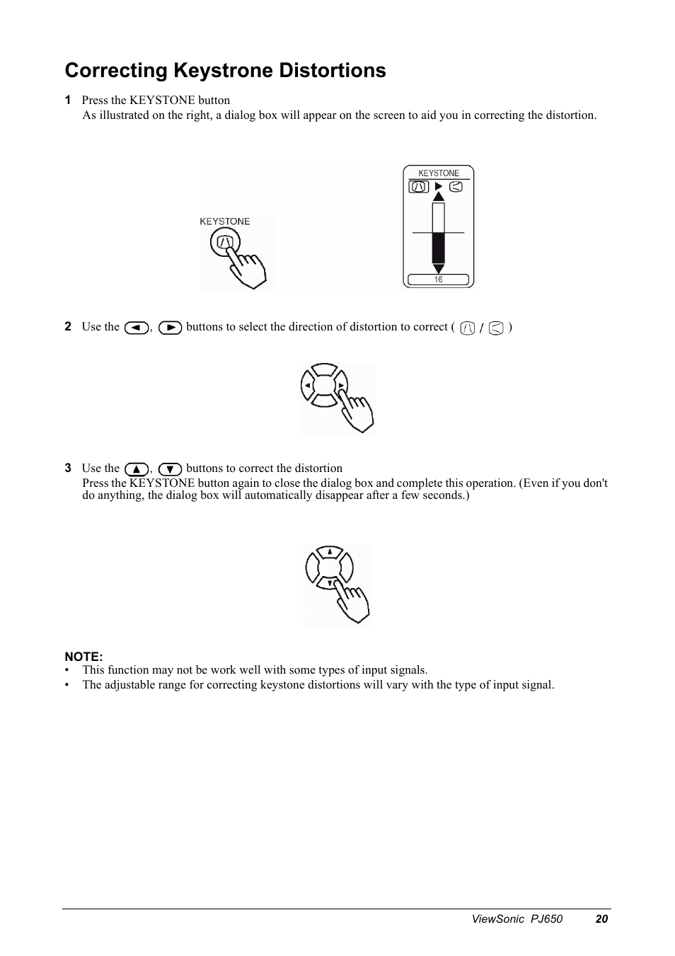 Correcting keystrone distortions | VIEWSONIC PJ650 User Manual | Page 23 / 46