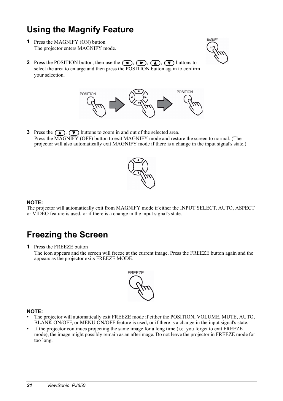 Using the magnify feature, Freezing the screen | VIEWSONIC PJ650 User Manual | Page 24 / 46
