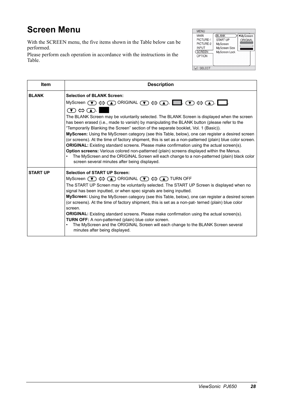 Screen menu | VIEWSONIC PJ650 User Manual | Page 31 / 46