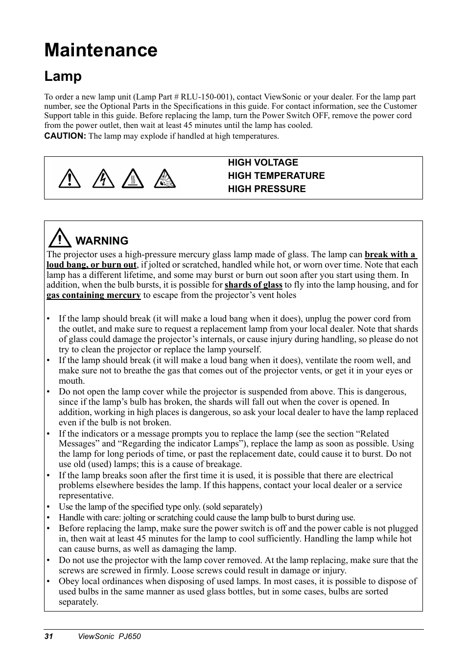 Maintenance, Lamp | VIEWSONIC PJ650 User Manual | Page 34 / 46