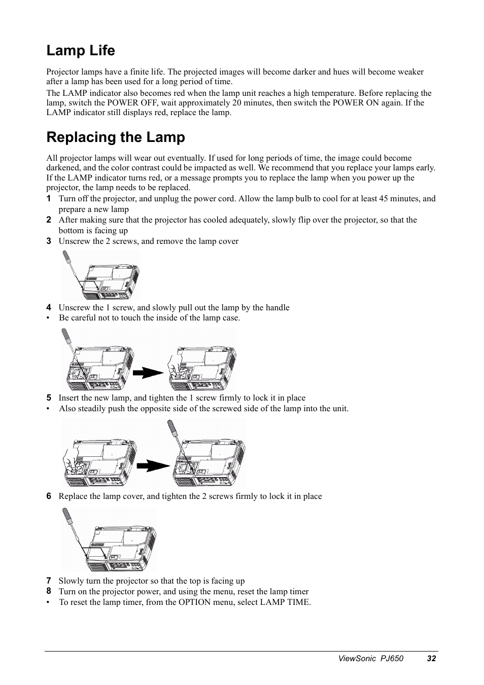 Lamp life, Replacing the lamp | VIEWSONIC PJ650 User Manual | Page 35 / 46