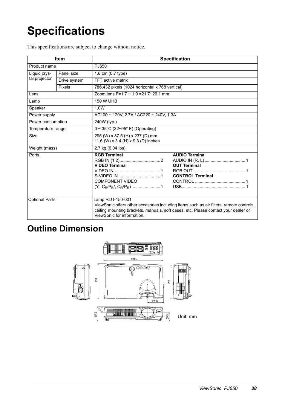 Specifications, Outline dimension | VIEWSONIC PJ650 User Manual | Page 41 / 46