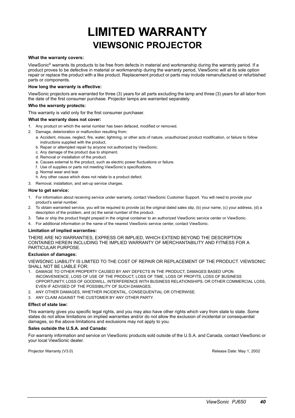 Limited warranty, Viewsonic projector | VIEWSONIC PJ650 User Manual | Page 43 / 46