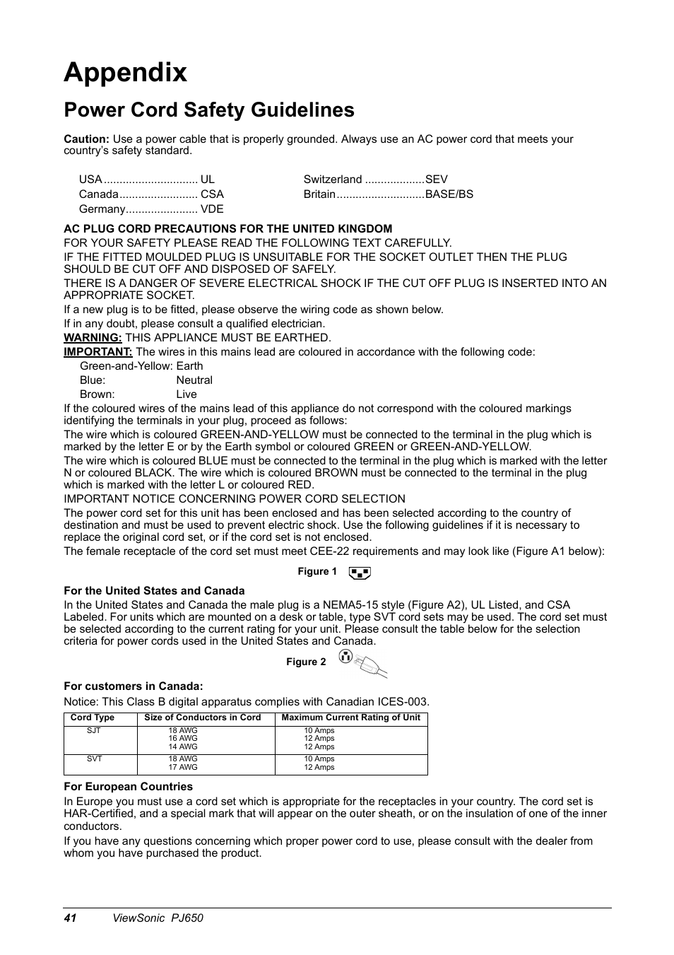 Appendix, Power cord safety guidelines | VIEWSONIC PJ650 User Manual | Page 44 / 46