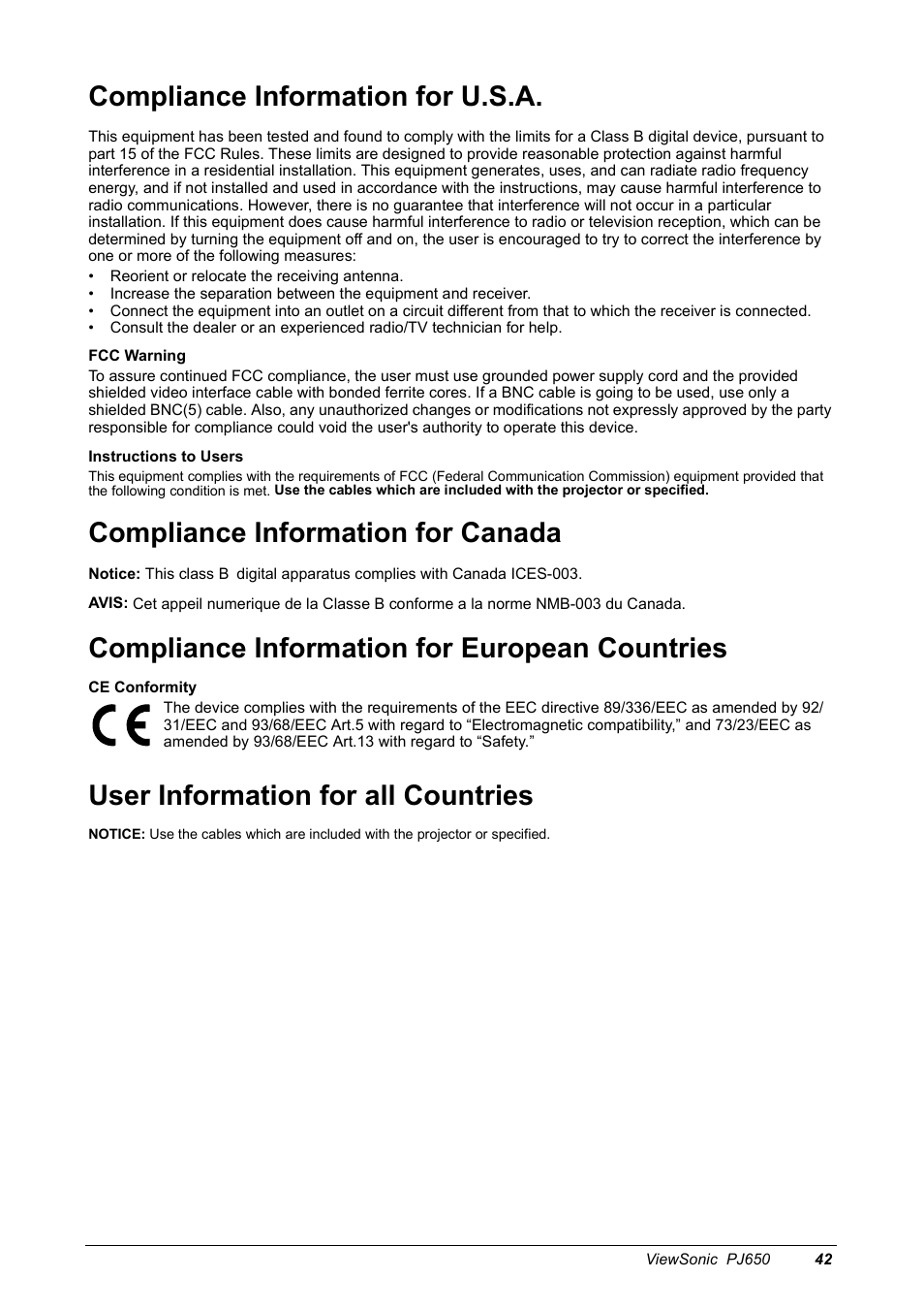 Compliance information for u.s.a, Compliance information for canada, Compliance information for european countries | User information for all countries | VIEWSONIC PJ650 User Manual | Page 45 / 46