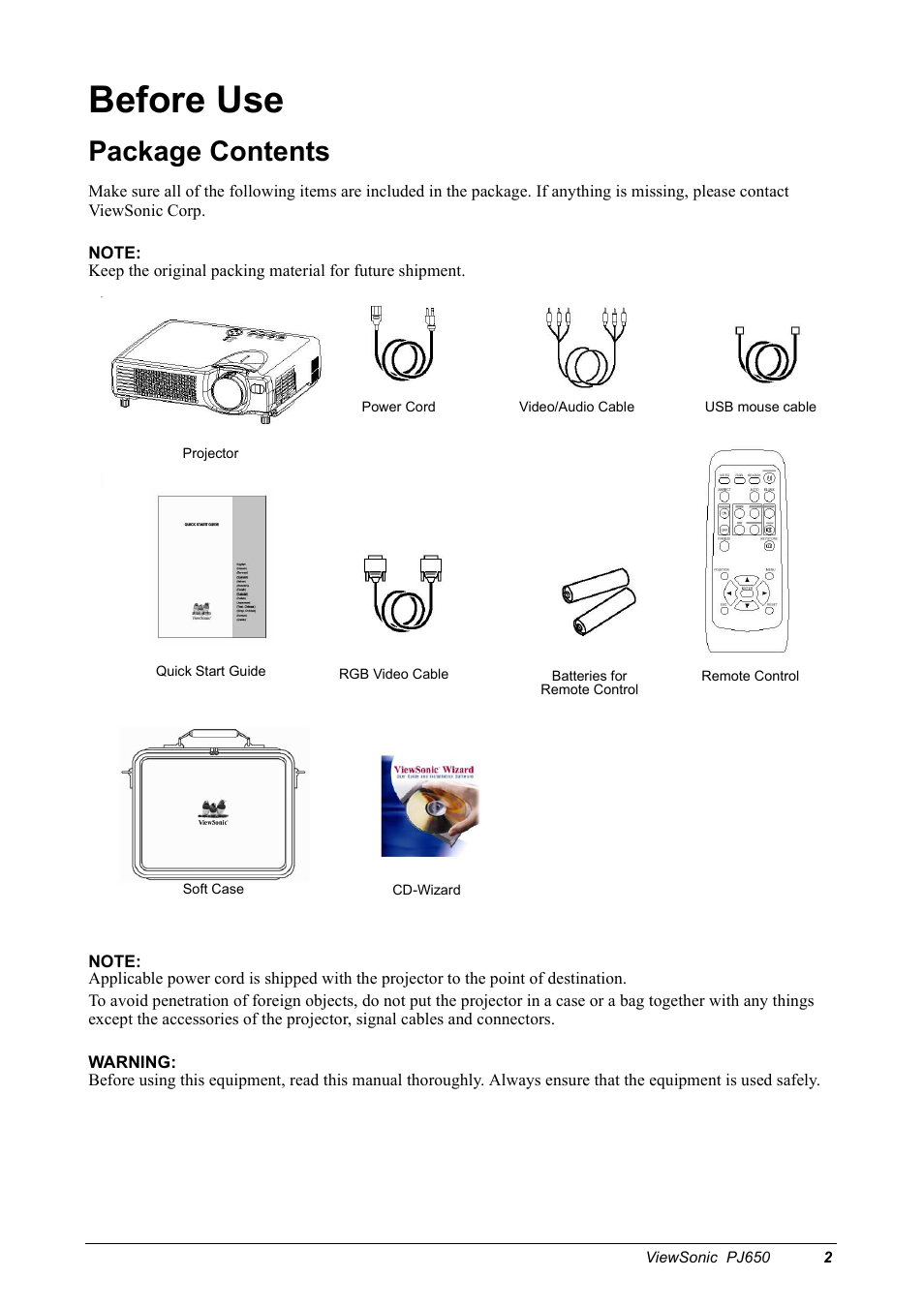 Before use, Package contents | VIEWSONIC PJ650 User Manual | Page 5 / 46