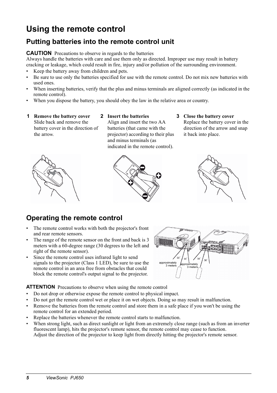 Using the remote control, Putting batteries into the remote control unit, Operating the remote control | VIEWSONIC PJ650 User Manual | Page 8 / 46