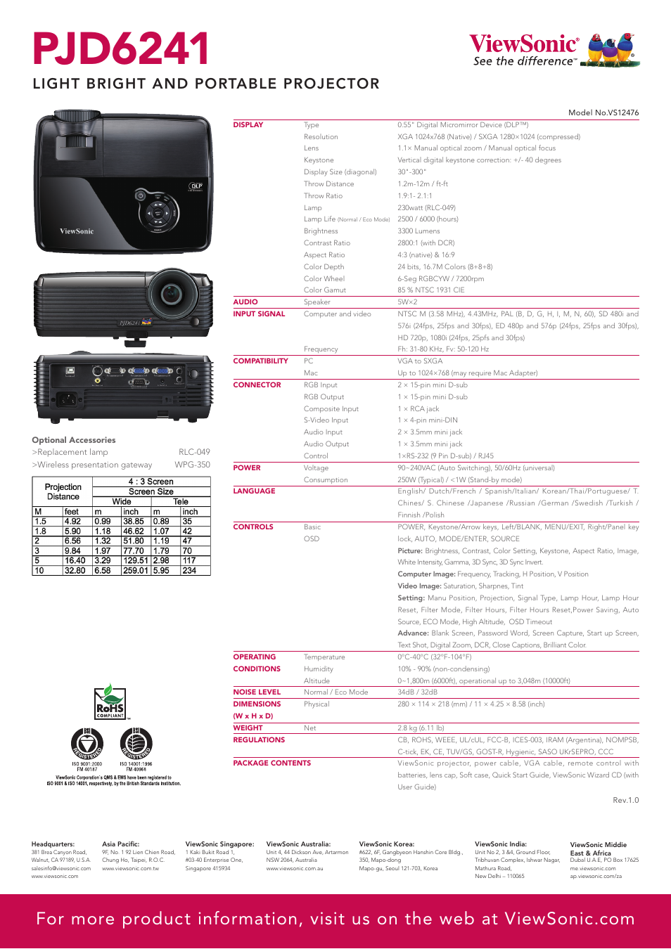 Pjd6241, Light bright and portable projector | VIEWSONIC BRILLIANTCOLOR PJD6241 User Manual | Page 2 / 2