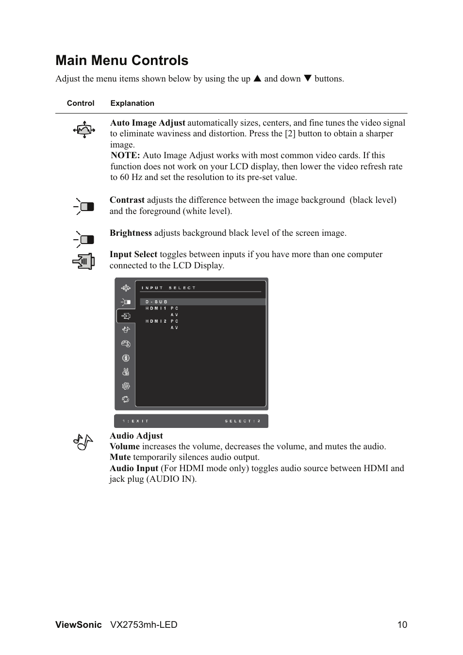 Main menu controls | VIEWSONIC VX2753MH-LED VS13918 User Manual | Page 12 / 25