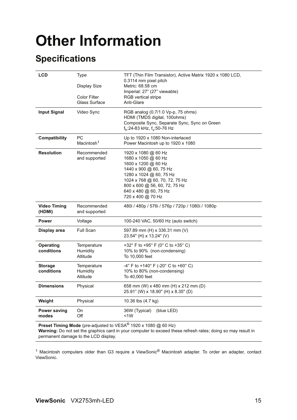 Other information, Specifications | VIEWSONIC VX2753MH-LED VS13918 User Manual | Page 17 / 25