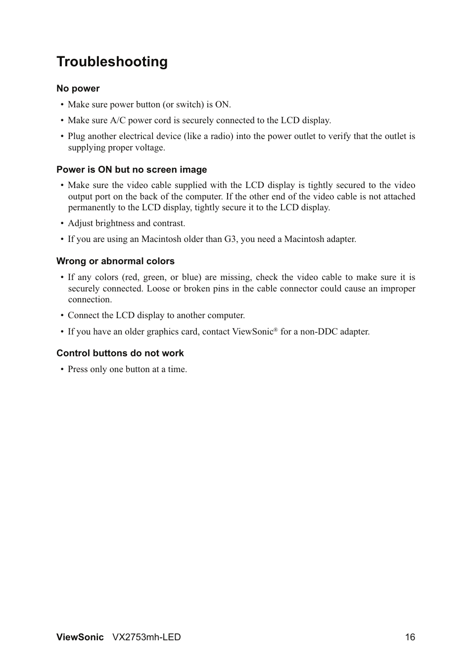 Troubleshooting | VIEWSONIC VX2753MH-LED VS13918 User Manual | Page 18 / 25